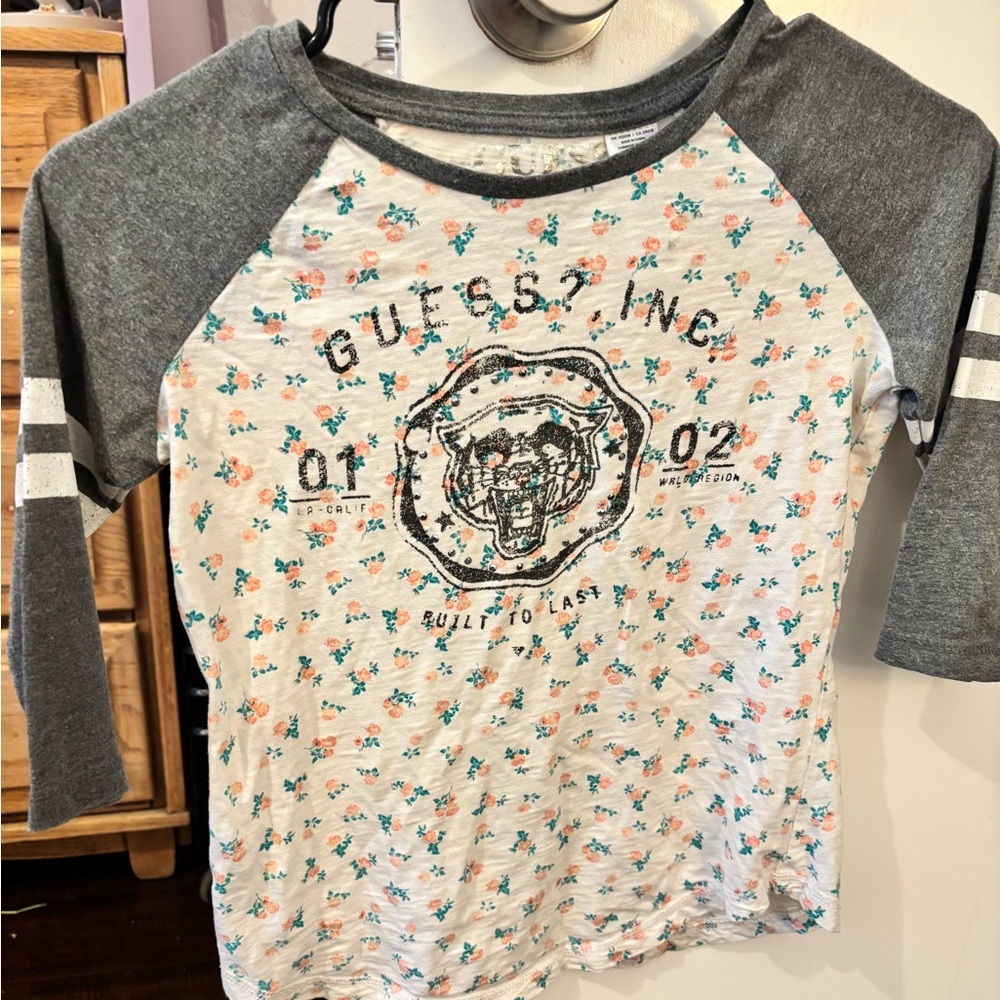 Guess Girls Floral Raglan Tee - White, Gray, Coral & Teal